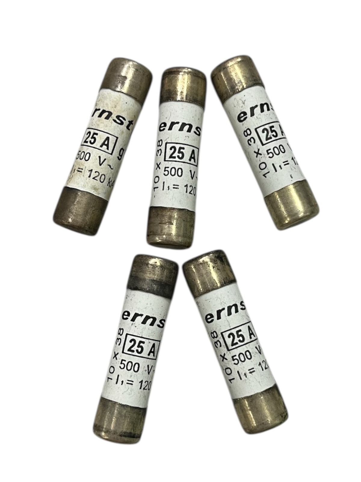 Set of five Ceramic Fuse 25A 500V 10x38mm electrical components with metal end caps