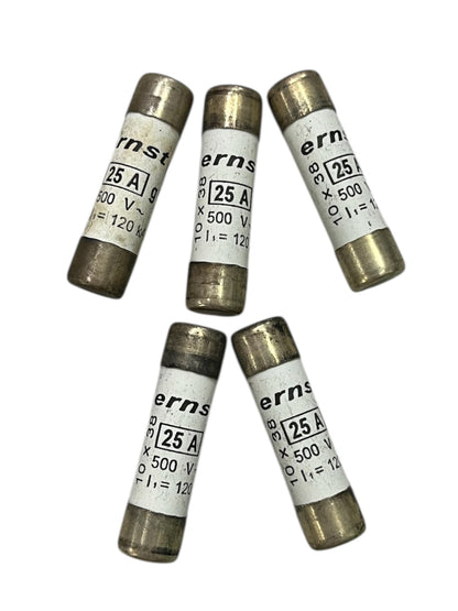 Set of five Ceramic Fuse 25A 500V 10x38mm electrical components with metal end caps