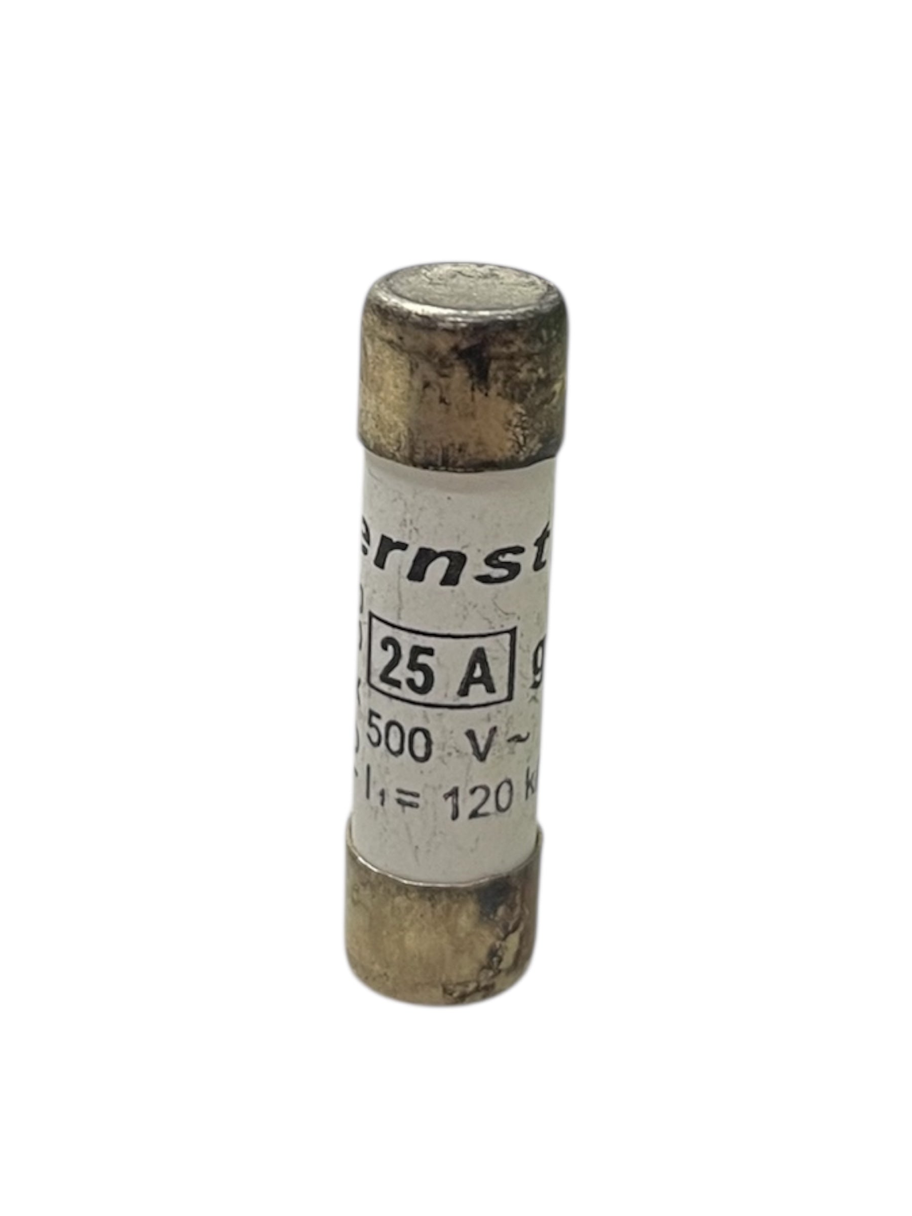 Ceramic Fuse 25A 500V 10x38mm electrical component with metal end caps for circuit protection