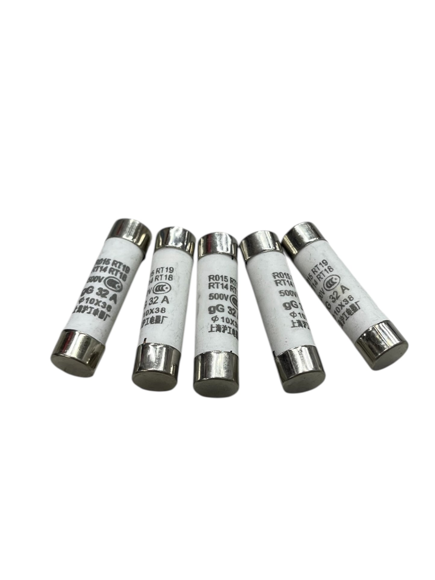 Set of five Ceramic Fuse 32A 500V 10x38mm electrical fuses with white ceramic bodies and metal end caps