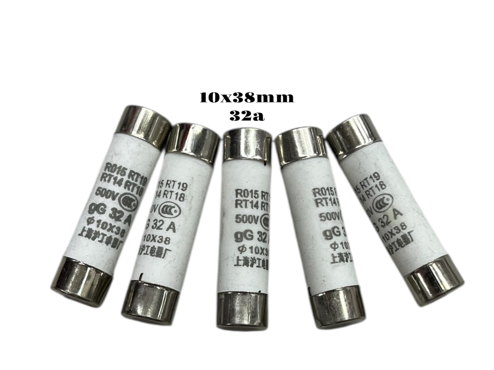 Ceramic Fuse 32A 500V 10x38mm electrical circuit parts arranged in a row for protection devices