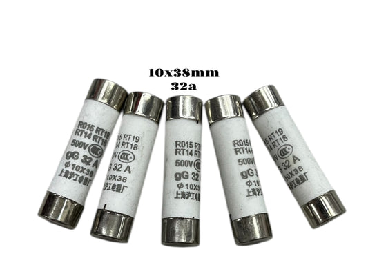 Ceramic Fuse 32A 500V 10x38mm electrical circuit parts arranged in a row for protection devices