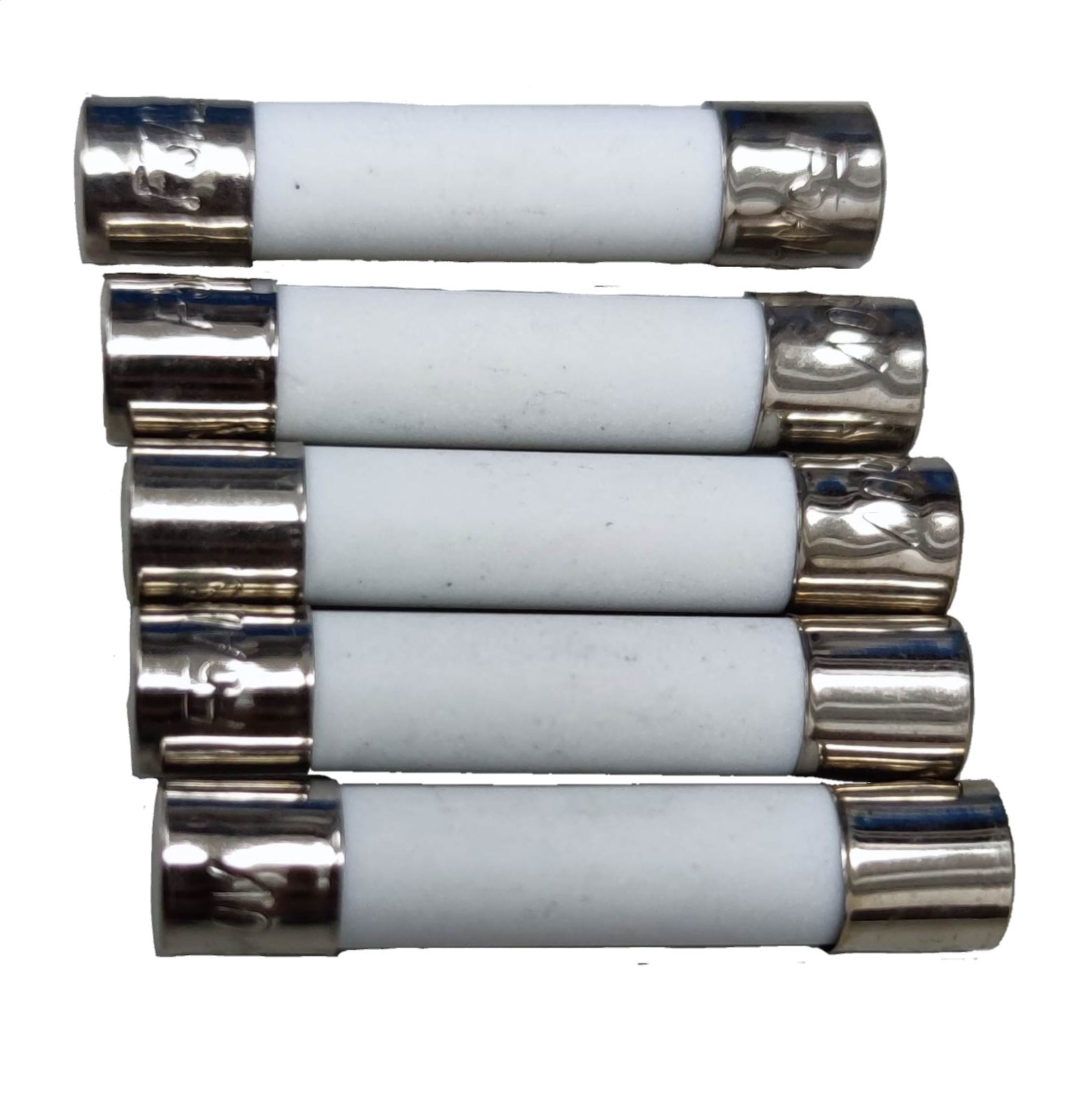 Set of five ceramic fuse 6x30mm 220V electrical parts with metal end caps on black background