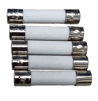 Set of five ceramic fuse 6x30mm 220V electrical parts with metal end caps on black background