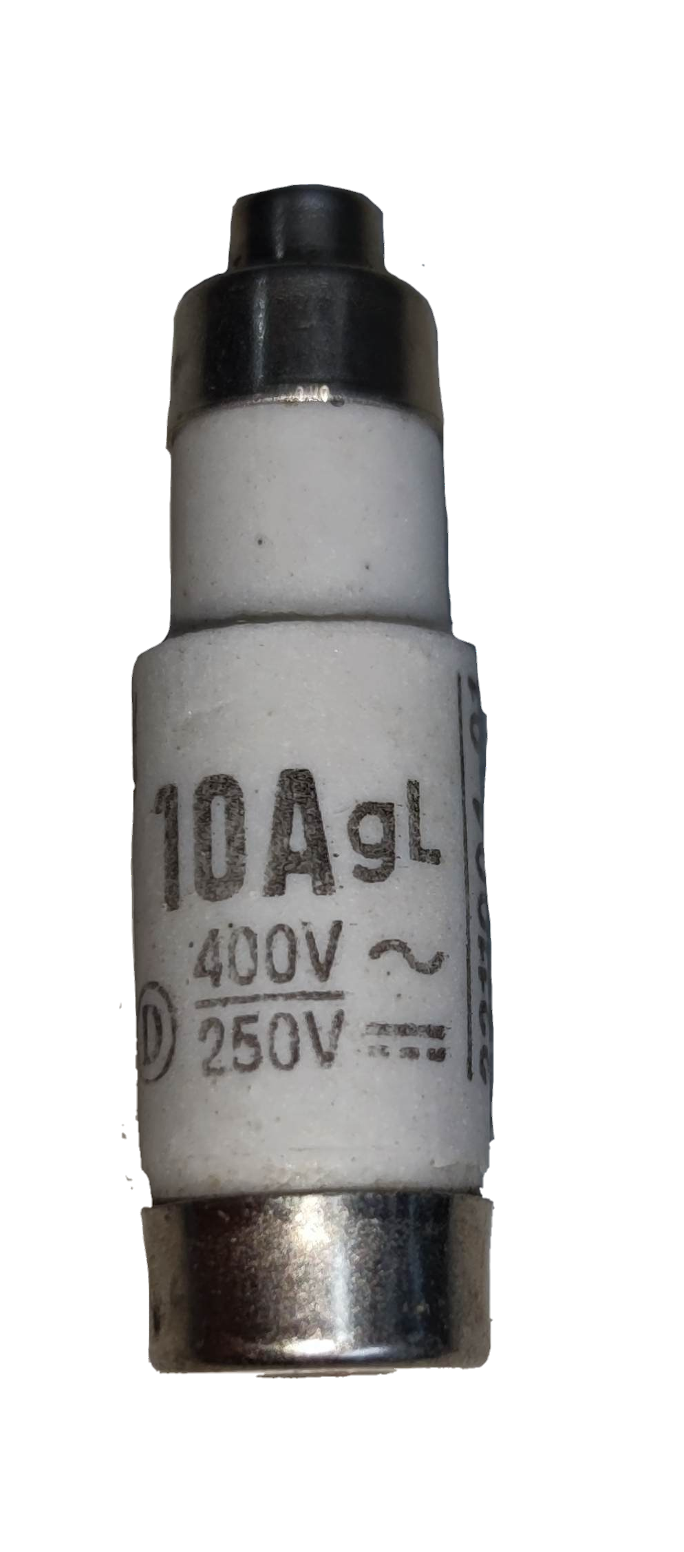 Ceramic Fuse D01 10A 400V electrical component for circuit protection with metal end caps