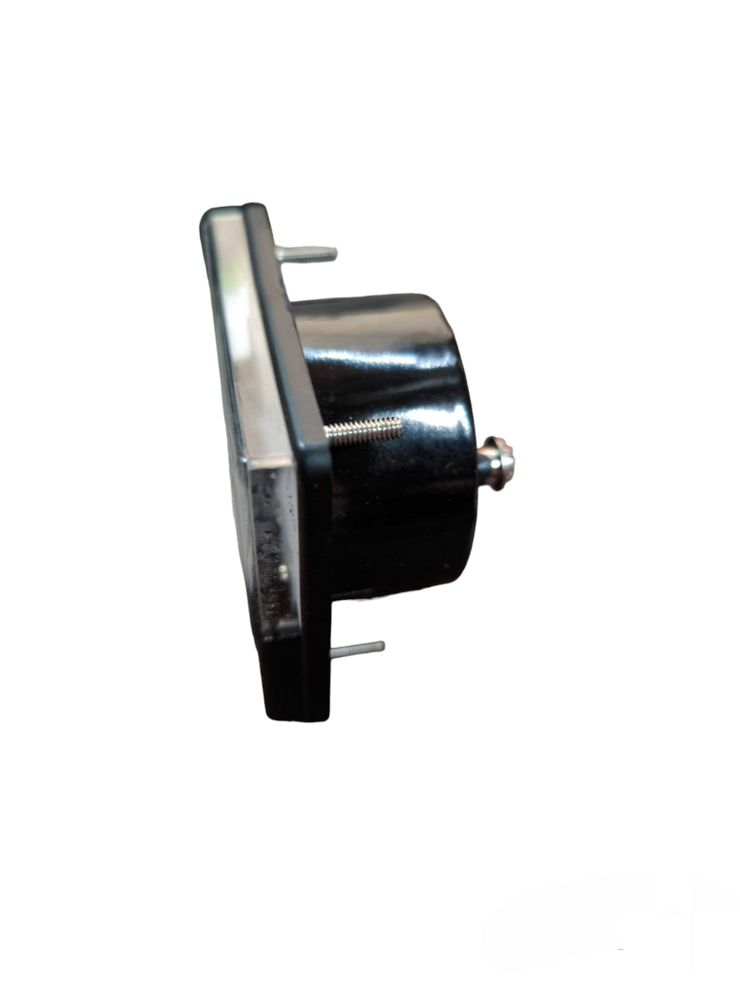 FEW 100uA DC panel meter side view showing black cylindrical body rectangular bezel and mounting studs