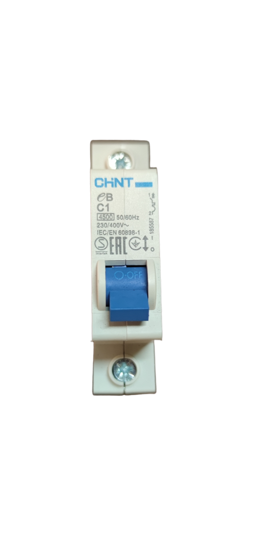 Chint 1 amp MCB 220V 4.5KAIC electrical circuit breaker with blue switch in white casing