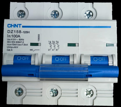 Chint 100A 3Pole Miniature Circuit Breaker 10 KAIC with blue switches and white casing