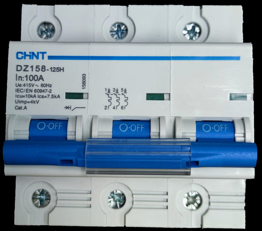 Chint 100A 3Pole Miniature Circuit Breaker 10 KAIC with blue switches and white casing