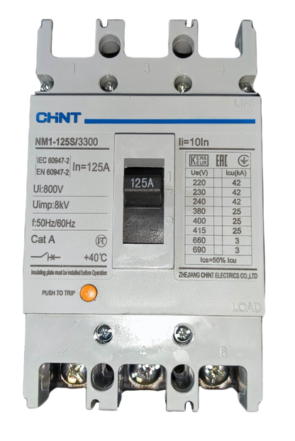 Chint 125 amp 25 KAIC circuit breaker 400V with manual reset switch and clear labeling