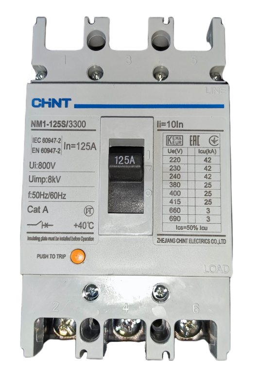 Chint 125 amp 25 KAIC circuit breaker 400V with manual reset switch and clear labeling