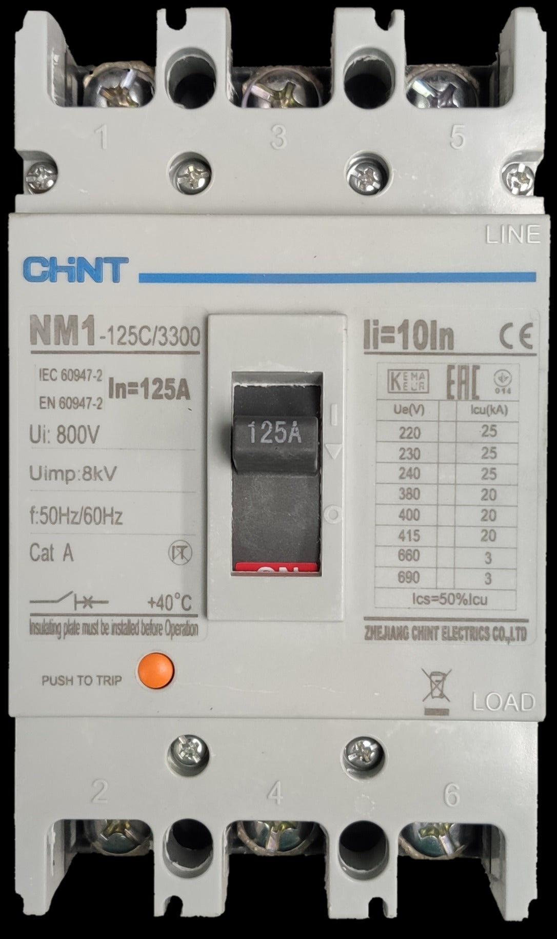 Chint 125A 3 Pole Industrial Circuit Breaker with 800V rating and trip switch for electrical safety