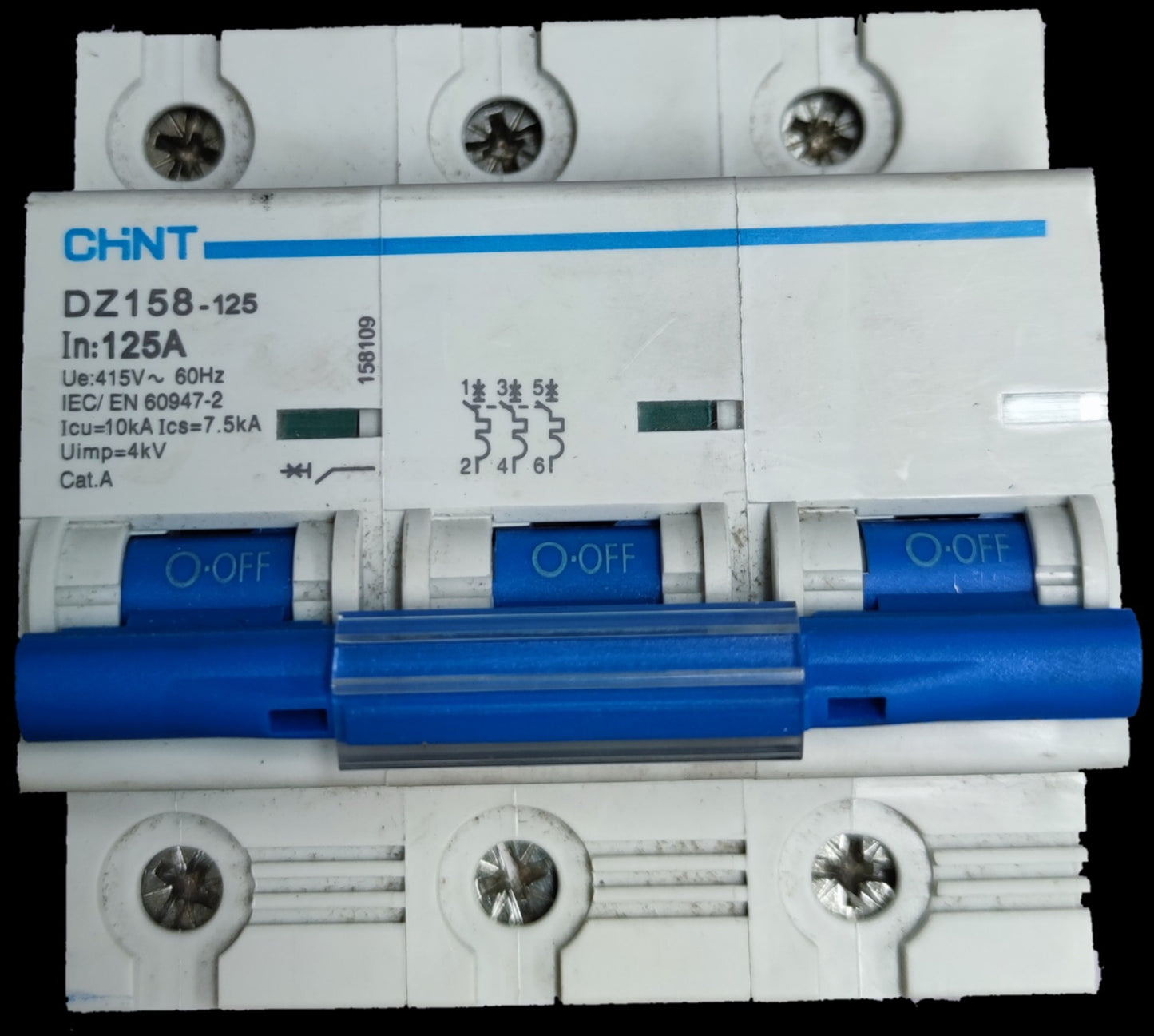 Chint 125A 3Pole Miniature Circuit Breaker 220V with blue toggle switch and white casing