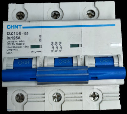 Chint 125A 3Pole Miniature Circuit Breaker 220V with blue toggle switch and white casing