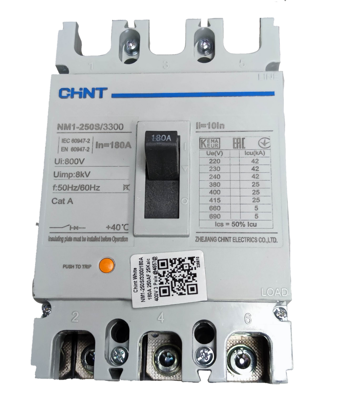 Chint 180A 3 Pole Industrial Circuit Breaker with black switch and technical specifications label