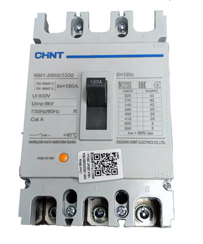 Chint 180A 3 Pole Industrial Circuit Breaker with black switch and technical specifications label