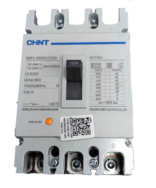 Chint 180A 3 Pole Industrial Circuit Breaker with black switch and technical specifications label