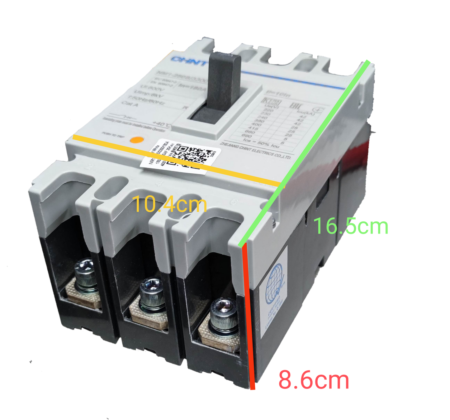 Chint 180A 3 Pole Industrial Circuit Breaker with gray and black body showing dimensions
