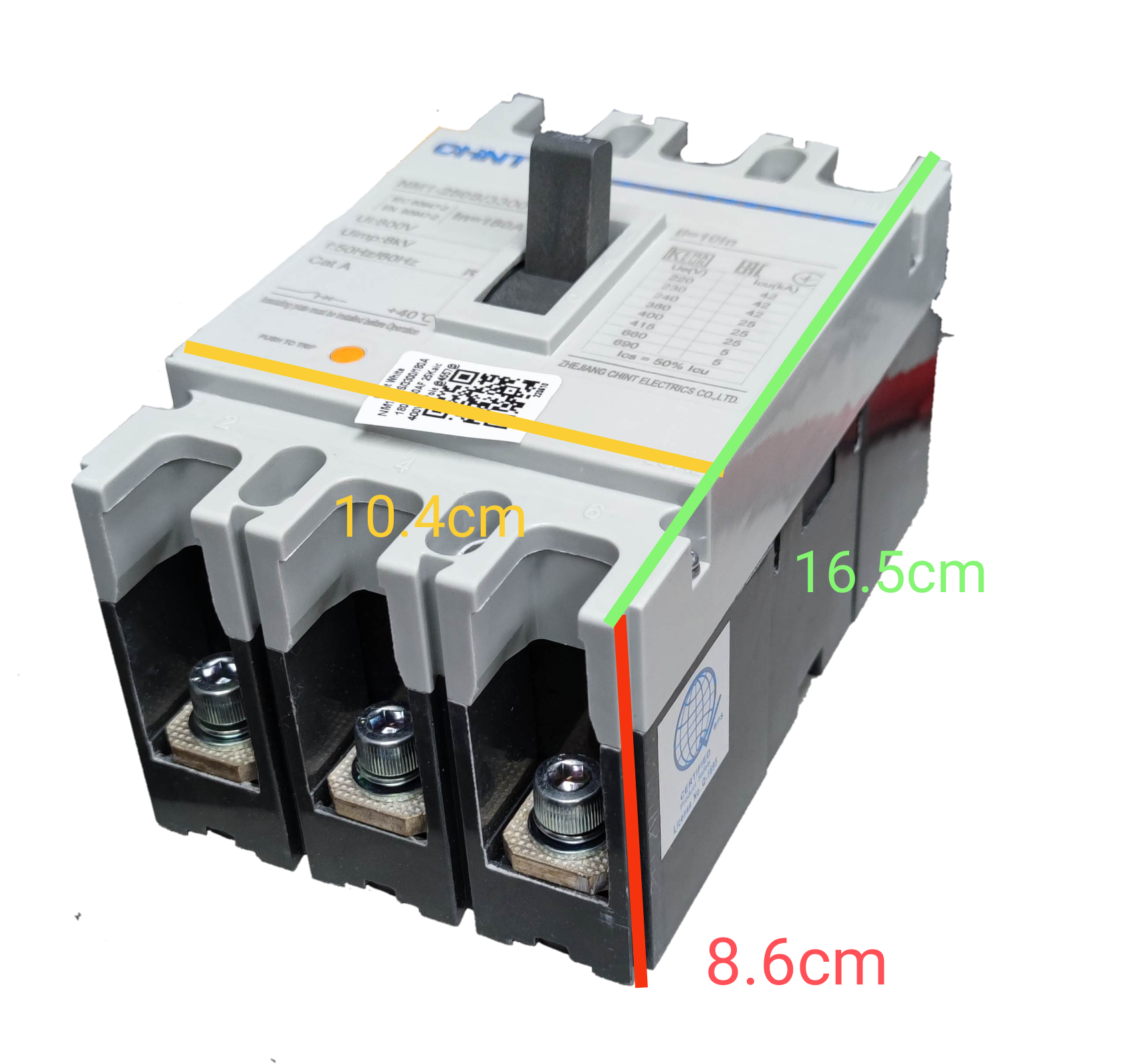Chint 180A 3 Pole Industrial Circuit Breaker with gray and black body showing dimensions