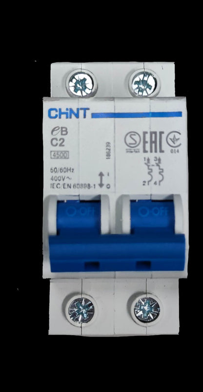 CHINT 2 pole MCB 2A 220V miniature circuit breaker with blue switches and white body
