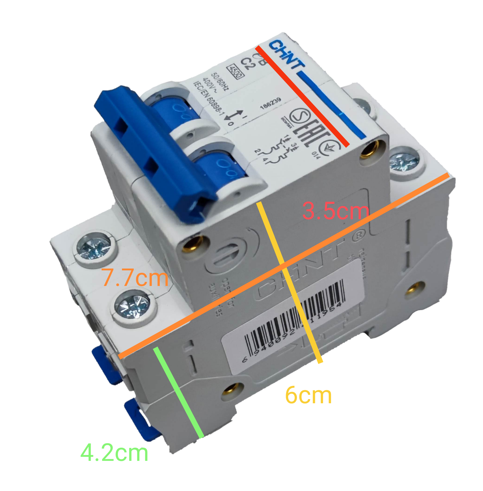 CHINT 2 pole MCB 2A 220V electrical circuit breaker with blue switches and detailed measurements