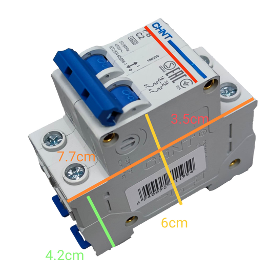 CHINT 2 pole MCB 2A 220V electrical circuit breaker with blue switches and detailed measurements