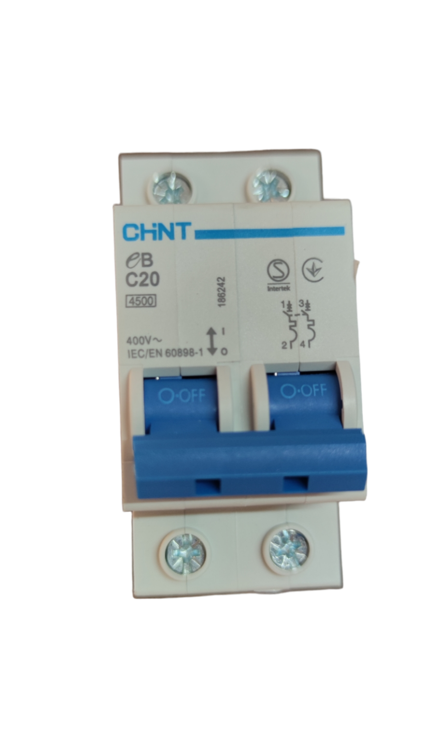 Chint 20A 2 pole 220V circuit breaker with blue switches and white casing for electrical protection