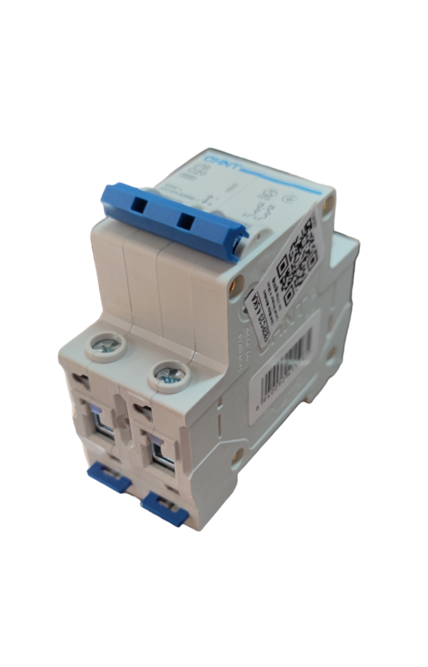 Chint 20A 2 pole 220V circuit breaker with blue toggle switches and white body for electrical safety