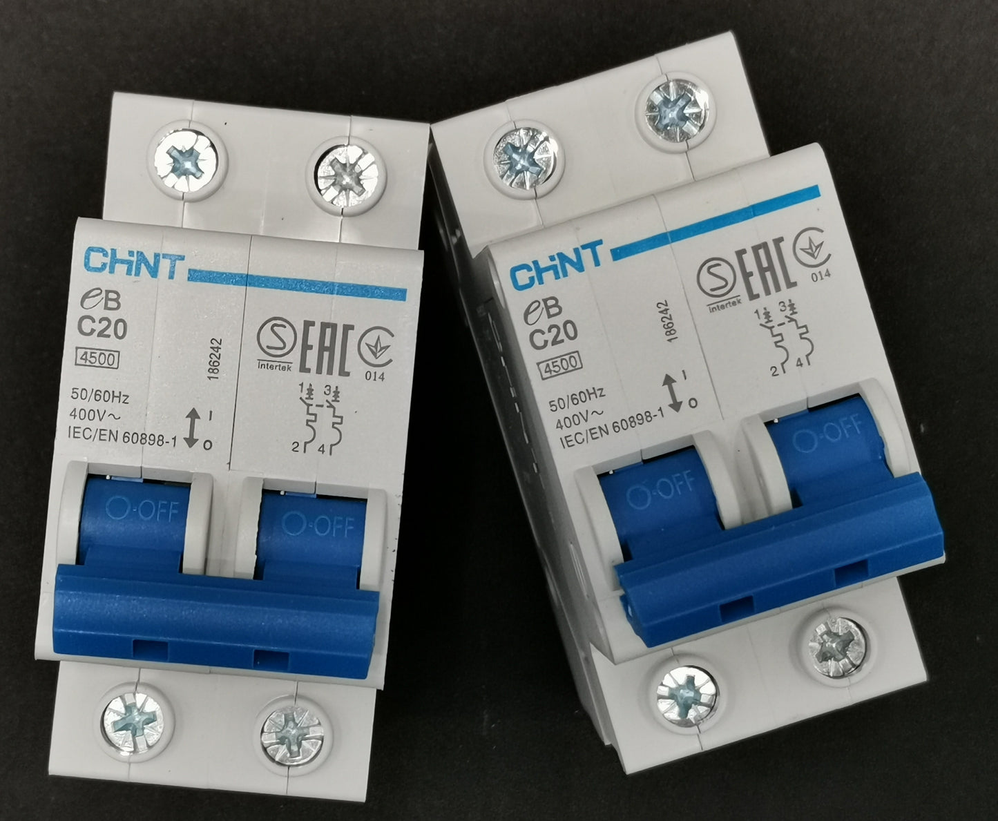 Chint 20A 2 pole 220V circuit breaker with blue switch and white casing for electrical safety