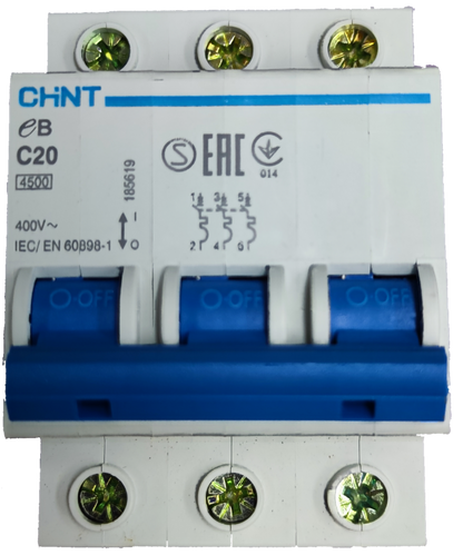 CHINT 20A 3 pole circuit breaker with blue switches and white casing for electrical protection