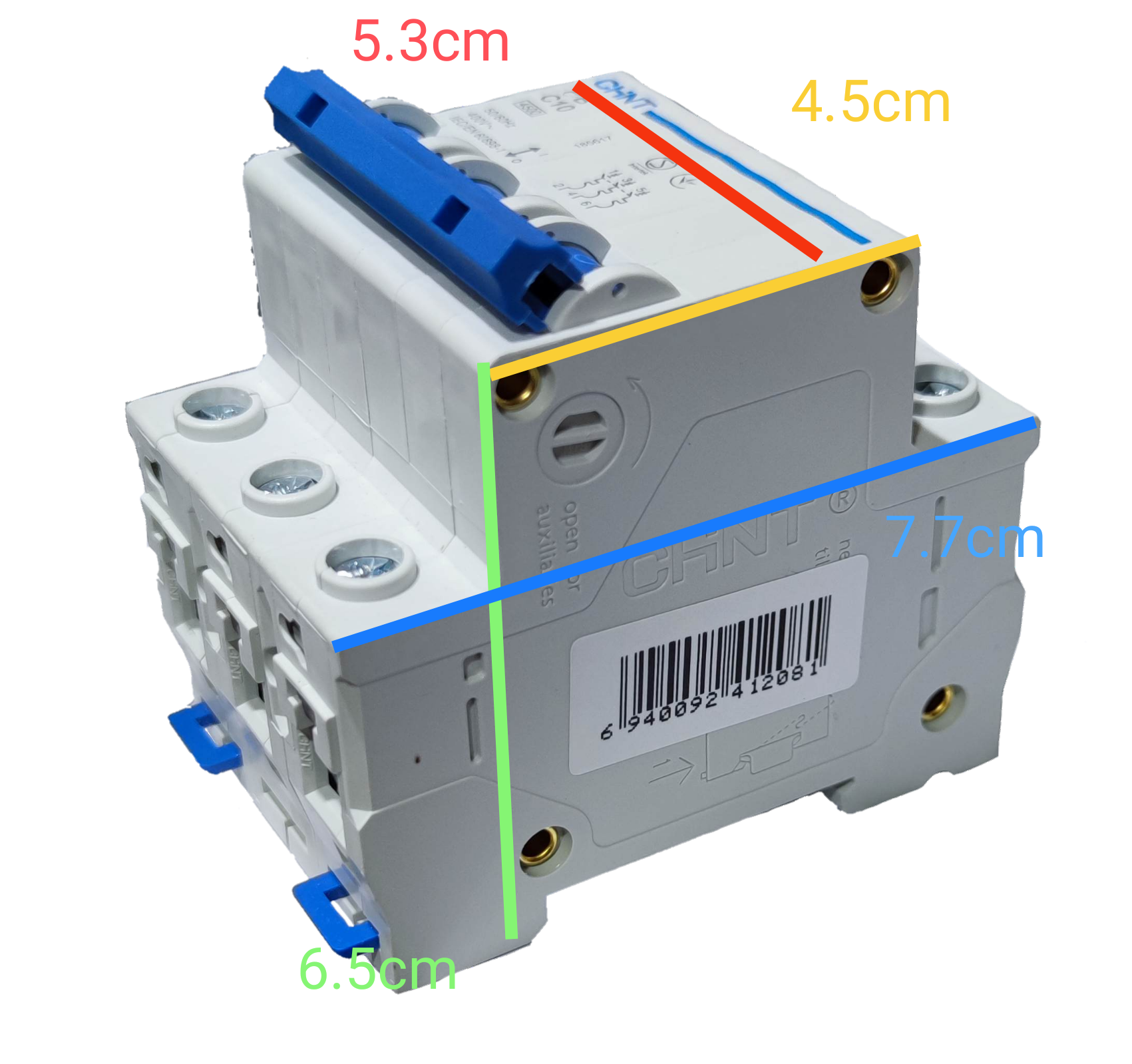 CHINT 20A 3 pole circuit breaker with blue switch and detailed dimensions on a black background