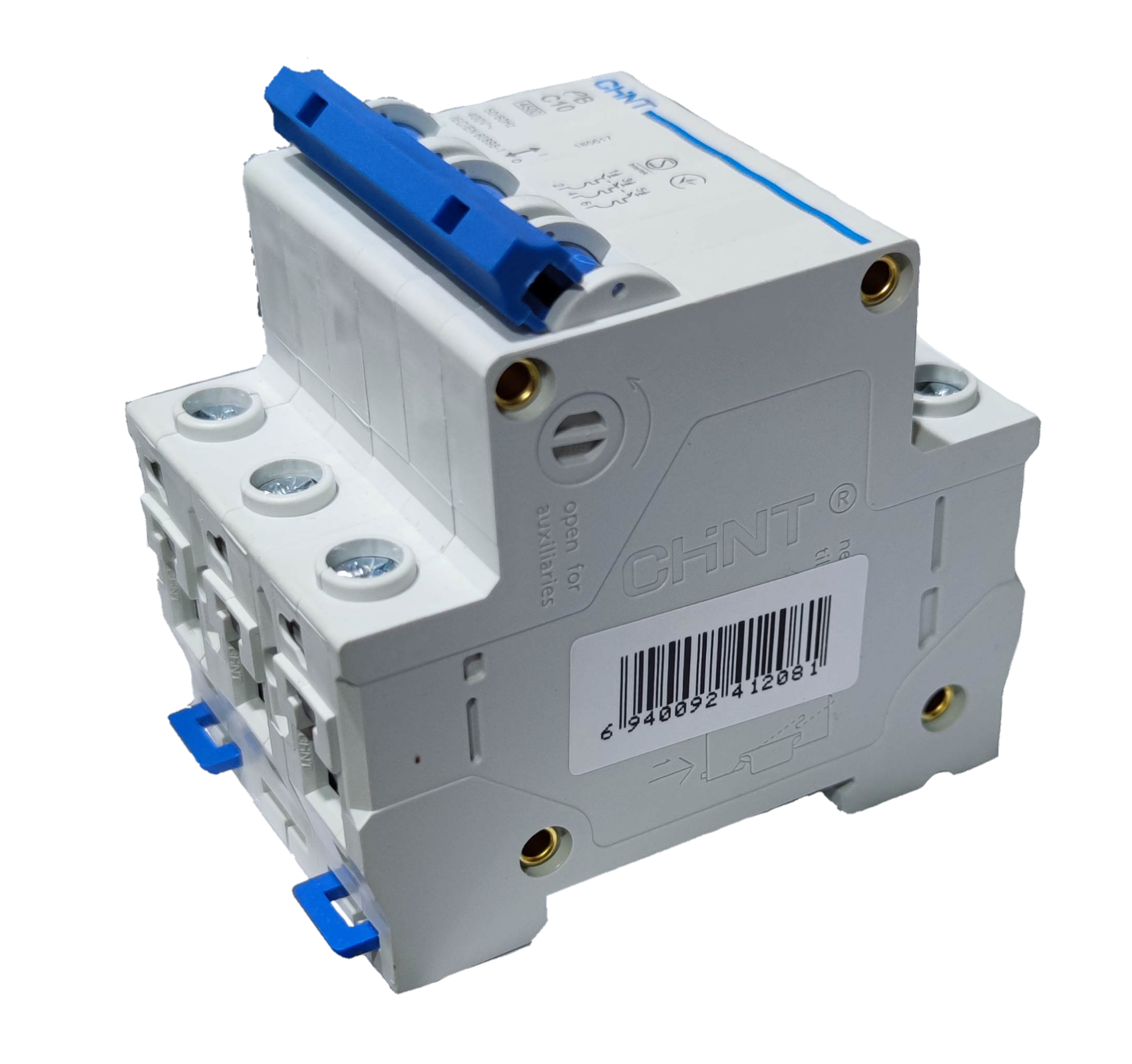 CHINT 20A 3 pole circuit breaker in white with blue toggle switch for electrical protection