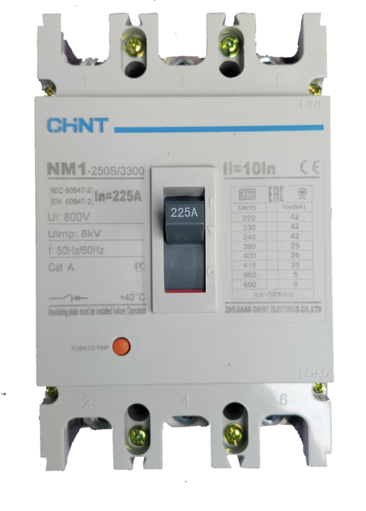 Chint 225A 3 Pole Industrial Circuit Breaker with labeled switch and technical specifications
