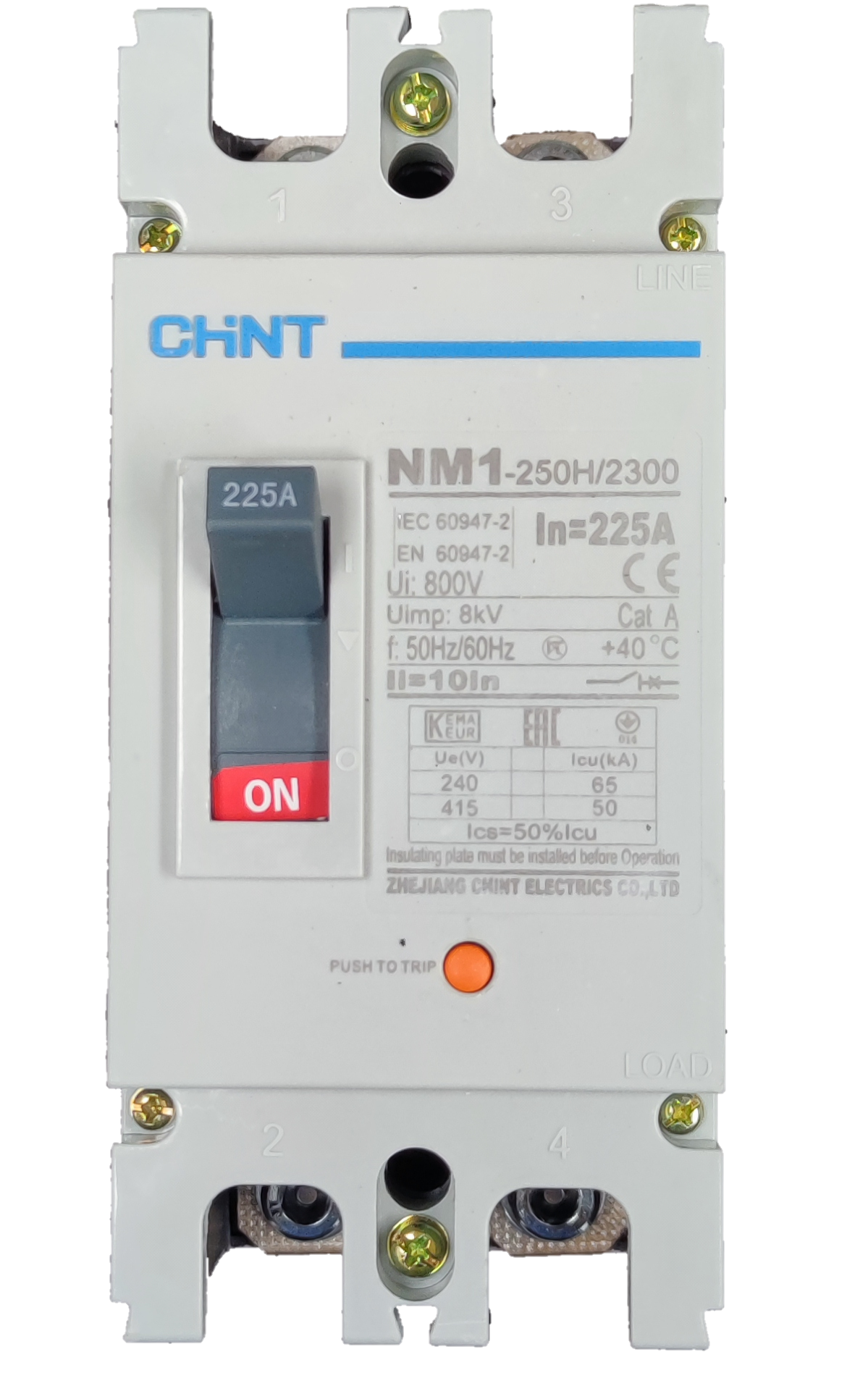Chint 225A industrial circuit breaker with a clear ON/OFF switch and detailed specifications