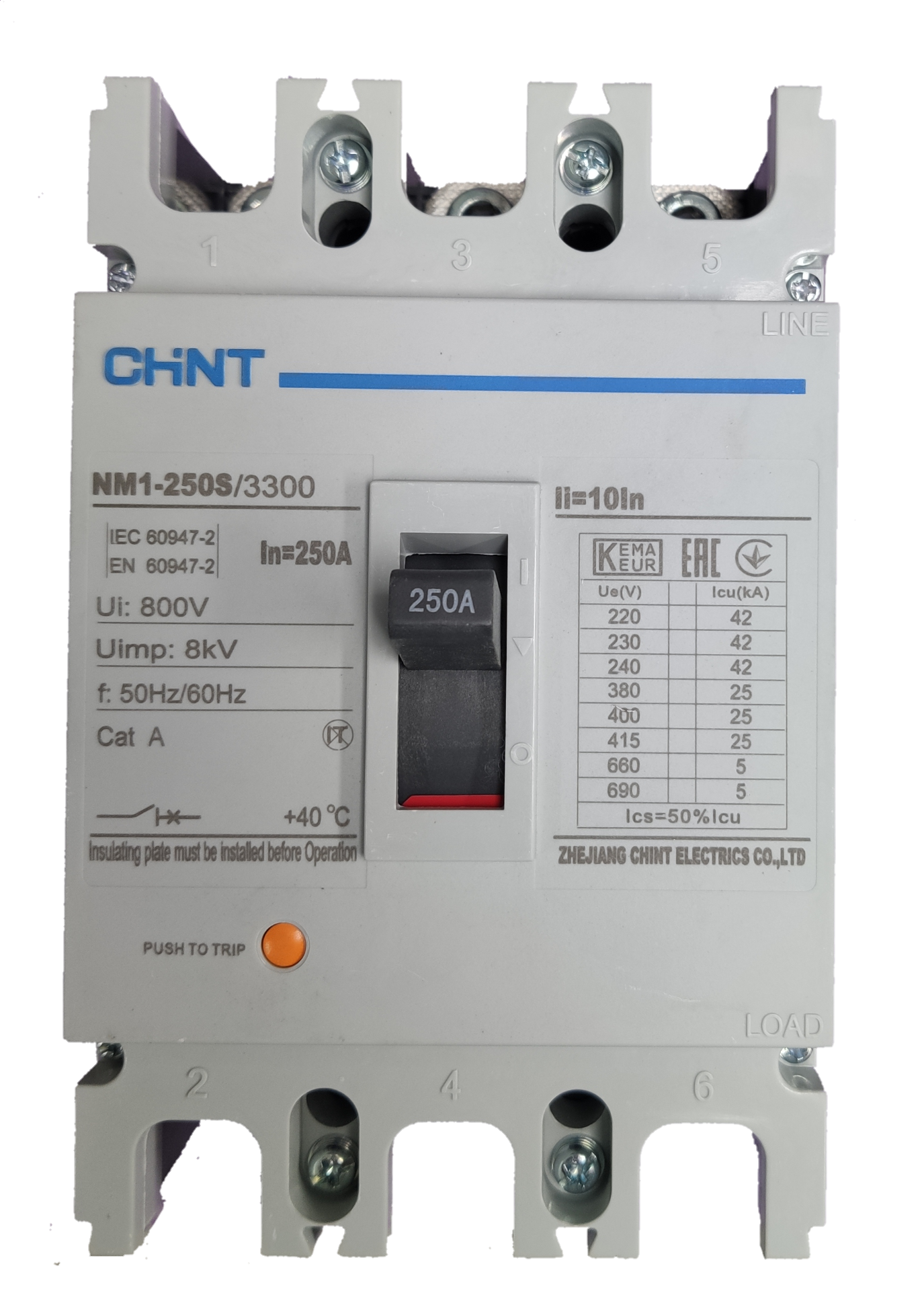 Chint 250A 3 pole industrial circuit breaker designed for high-voltage applications with detailed specifications