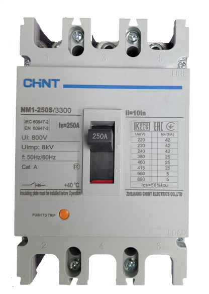 Chint 250A 3 pole industrial circuit breaker designed for high-voltage applications with detailed specifications