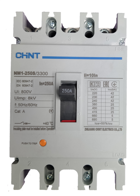Chint 250A 3 pole industrial circuit breaker designed for high-voltage applications with detailed specifications