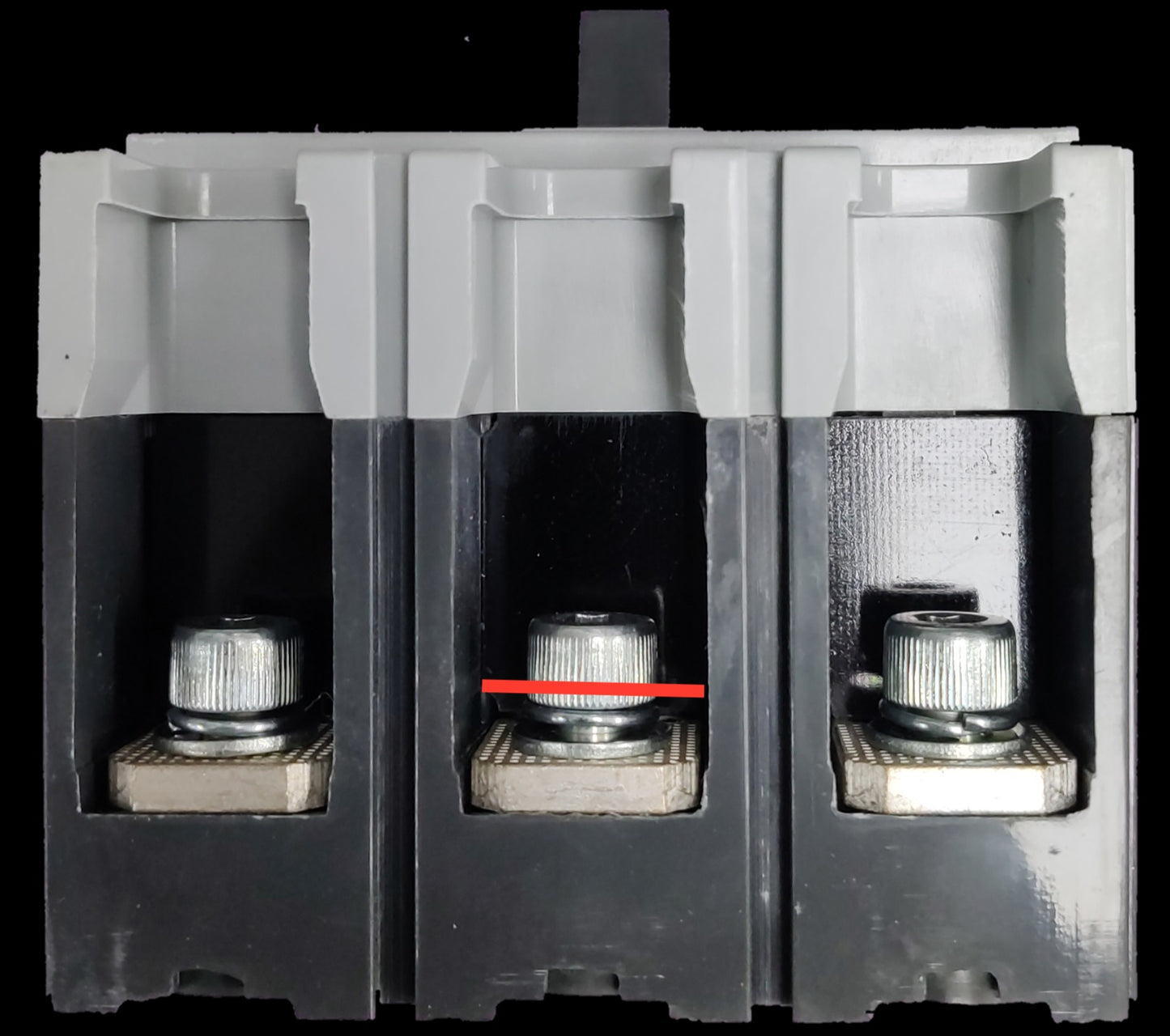 Close-up of Chint 250A 3 pole industrial circuit breaker showing three terminal connections