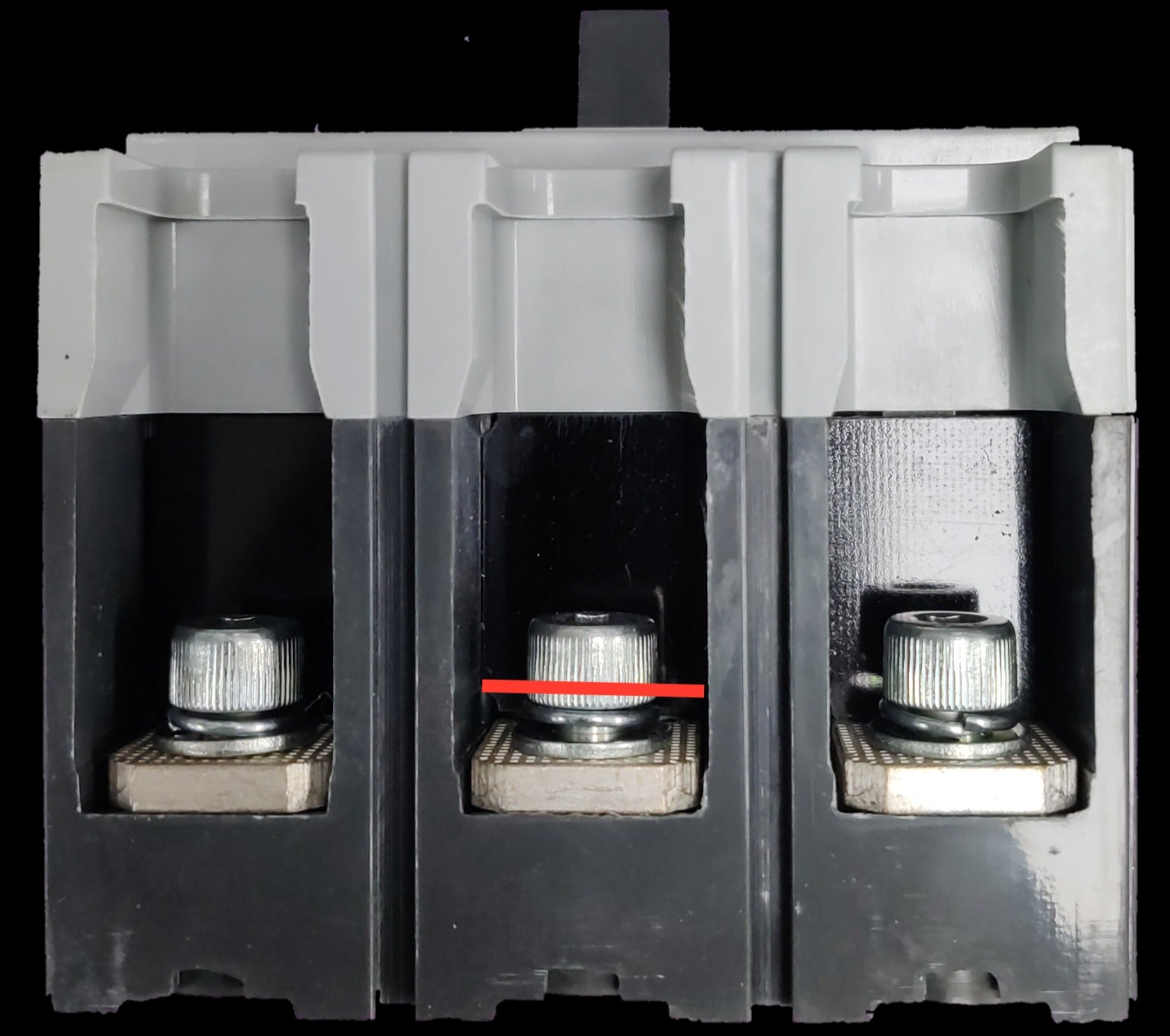 Close-up of Chint 250A 3 pole industrial circuit breaker showing three terminal connections