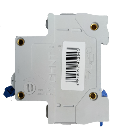 CHINT 25A 2 pole miniature circuit breaker with mounting holes and electrical diagram on the side