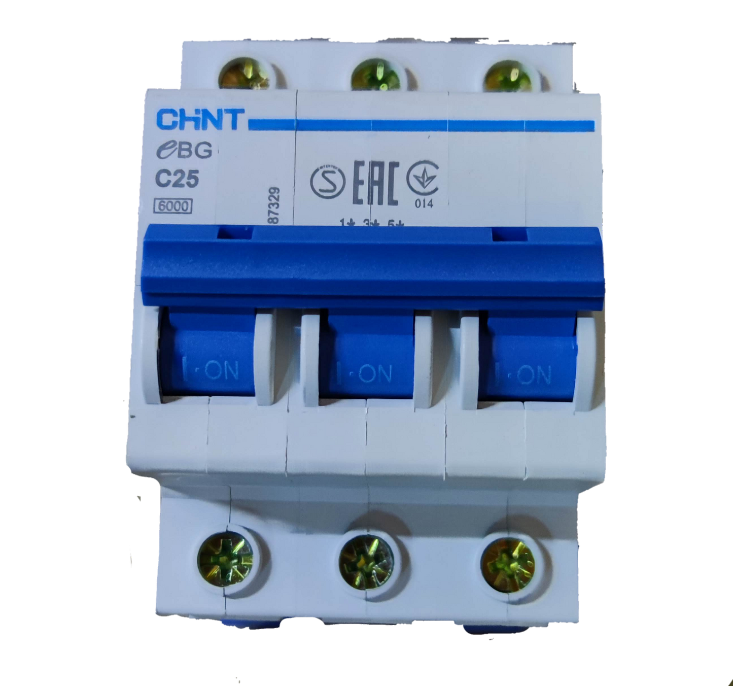 Chint 25A 3Pole Miniature Circuit Breaker with blue switches and white casing for electrical safety