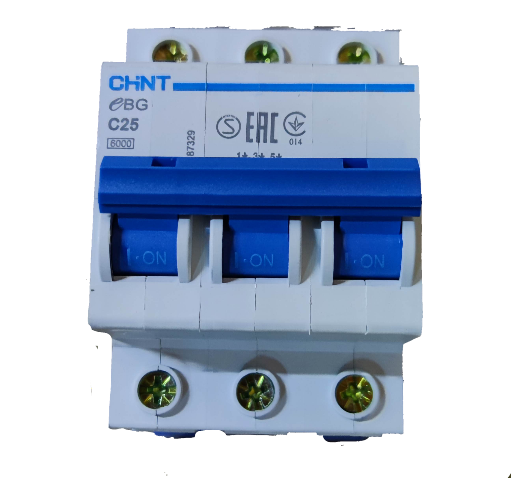 Chint 25A 3Pole Miniature Circuit Breaker with blue switches and white casing for electrical safety