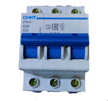 Chint 25A 3Pole Miniature Circuit Breaker with blue switches and white casing for electrical safety