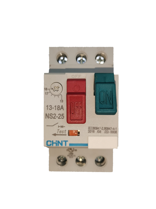 Chint 3 phase 13-18A MPCB breaker with ON and OFF switches for electrical circuit protection