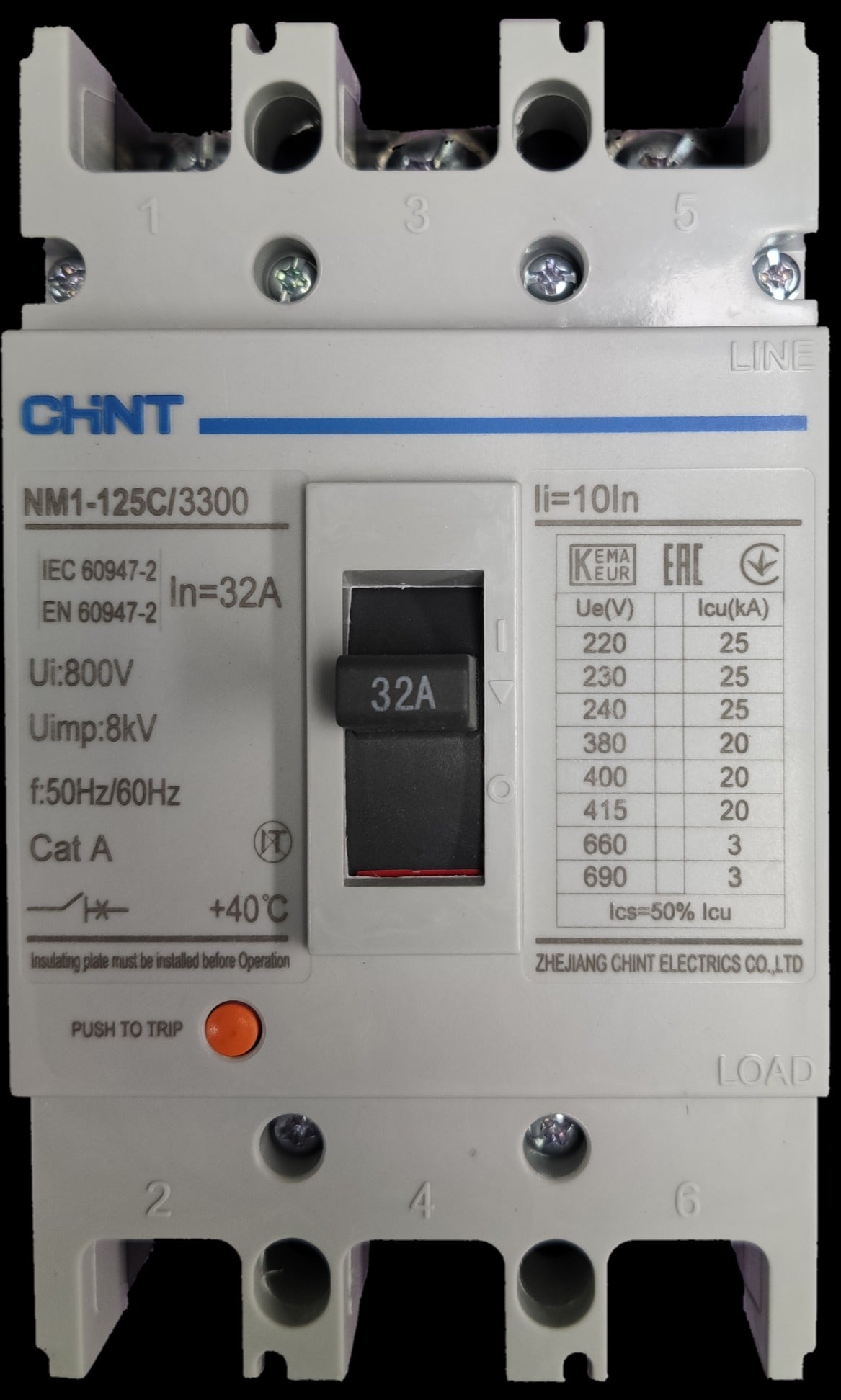 Chint 32A 3 Pole Industrial Circuit Breaker with 800V rating and safety features for electrical systems