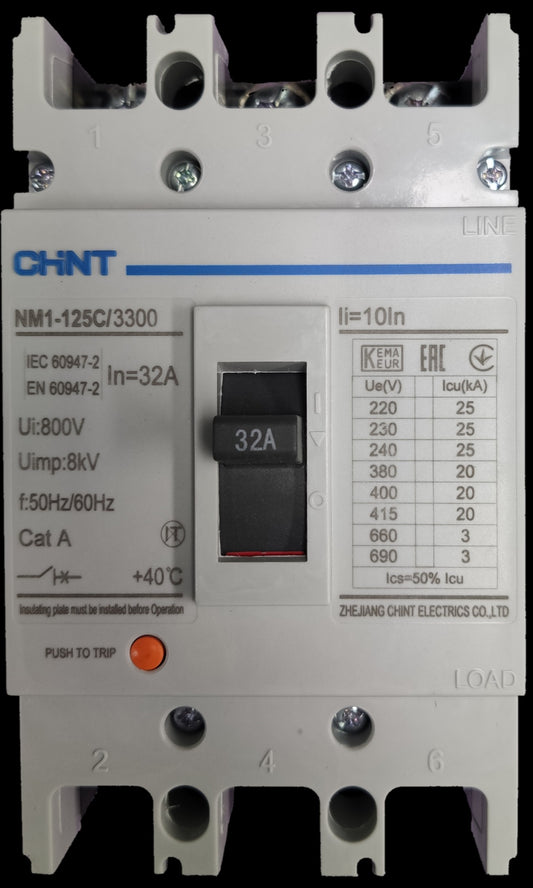Chint 32A 3 Pole Industrial Circuit Breaker with 800V rating and safety features for electrical systems