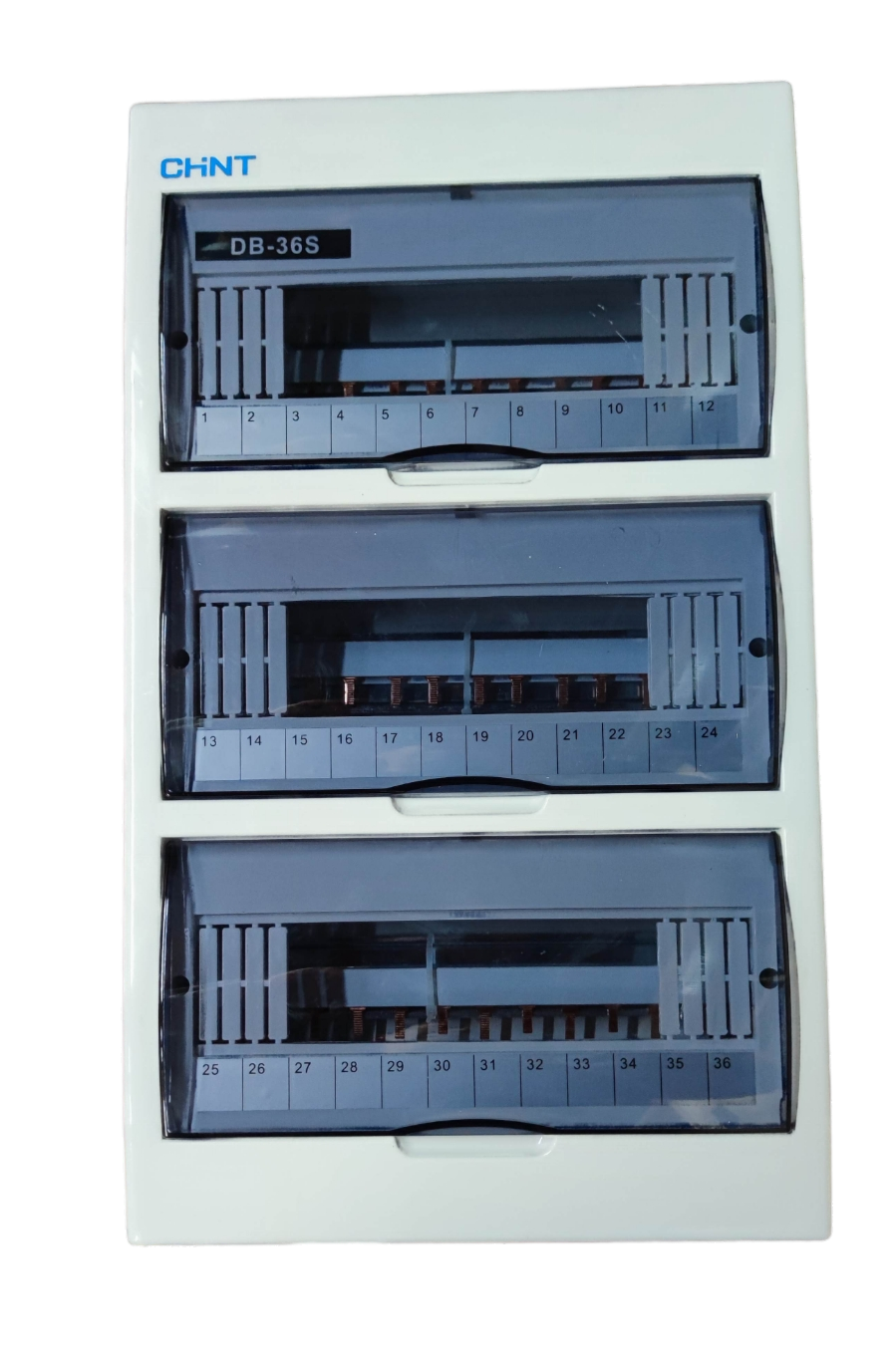 Chint 36 ways panel board for MCB with clear protective covers and white casing