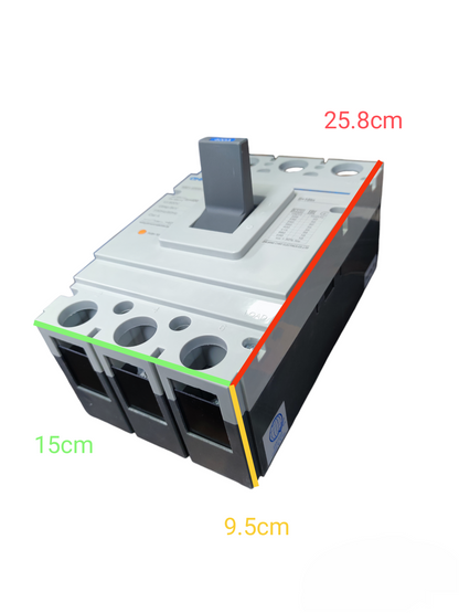 Chint 400A 3 Pole Industrial Circuit Breaker showing dimensions and handle in off position