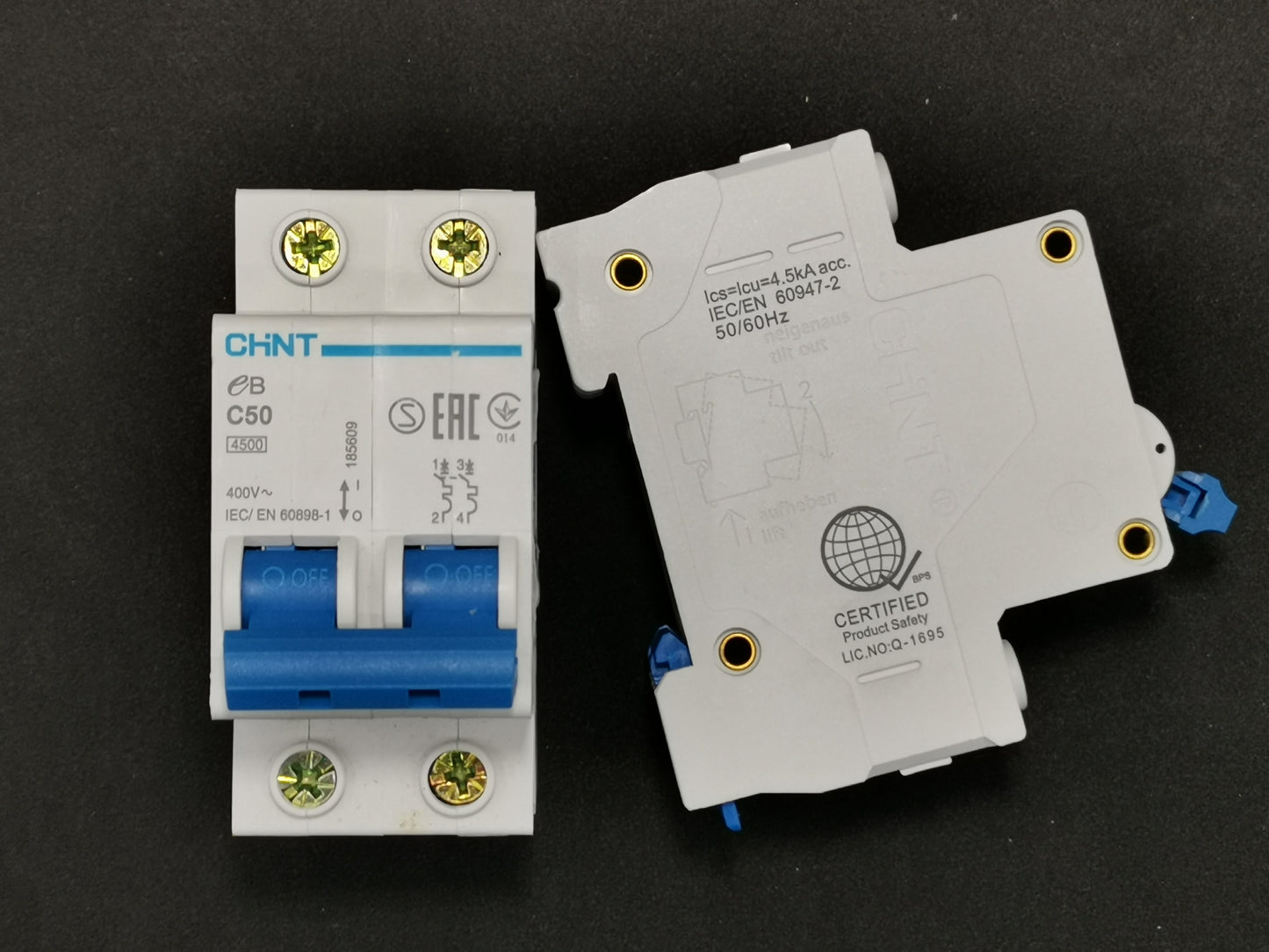 Chint 50A 2 pole circuit breaker with blue switches and certification markings on white casing