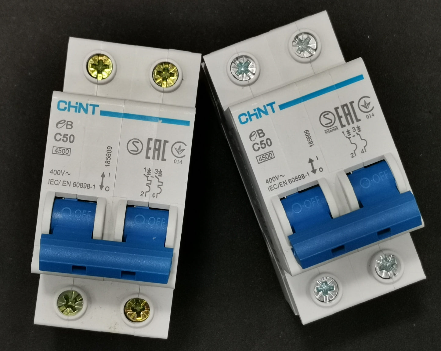 Chint 50A 2 pole circuit breaker with blue switches and white casing for electrical protection